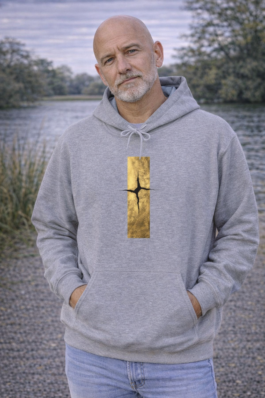 Women Kintsugi Gold Crack Hoodie — Minimal Vertical Repair Art Pullover