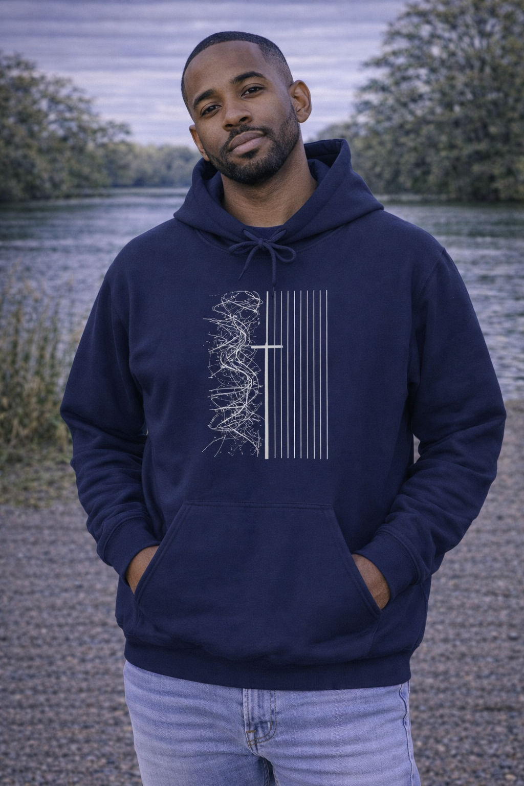 Mens Minimalist Cross Lines Hoodie — Modern Christian Graphic Pullover
