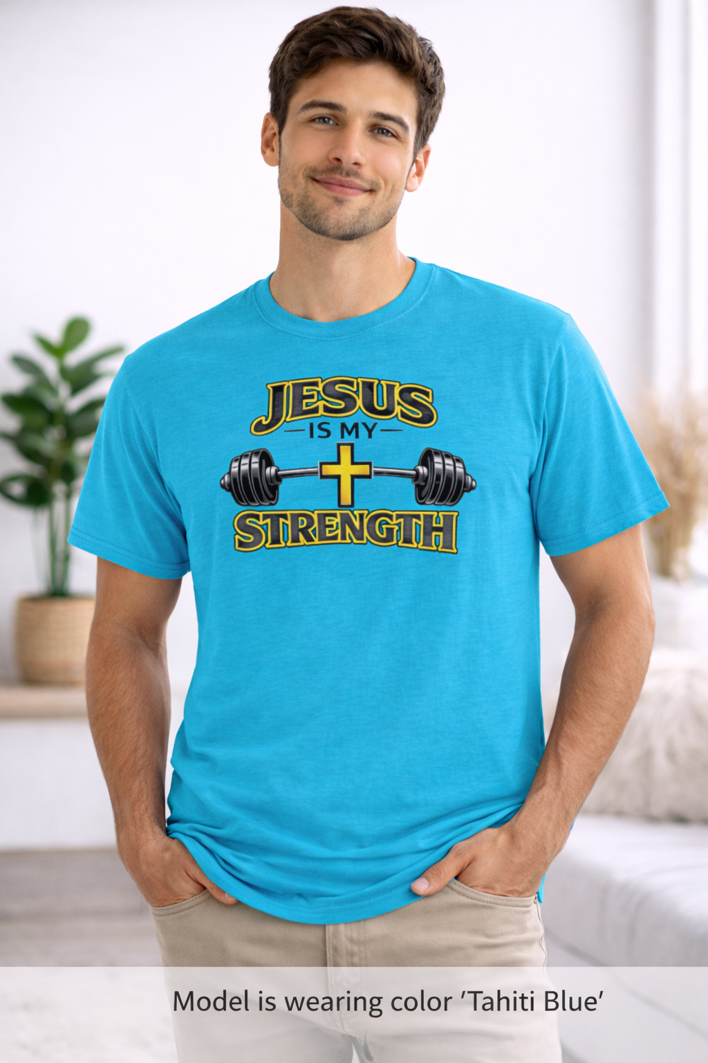 Jesus Is My Strength T-Shirt | Cross & Barbell Christian Faith Workout Tee