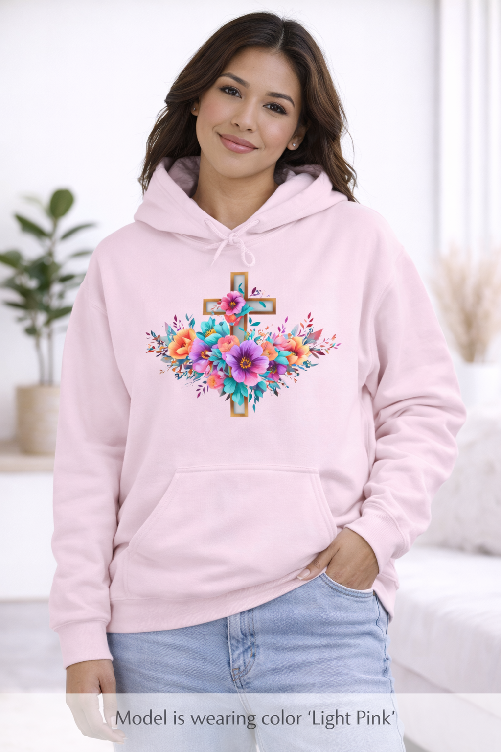Floral Cross Hoodie – Colorful Watercolor Flowers Religious Sweatshirt