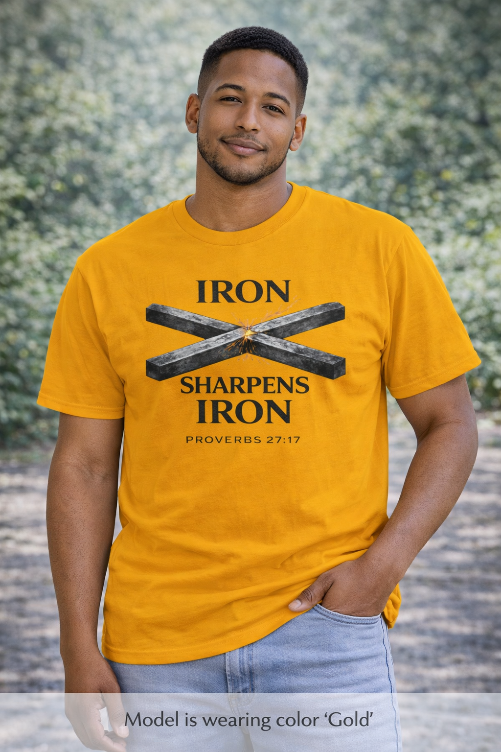 Iron Sharpens Iron T‑Shirt — Proverbs 27:17 Christian Tee