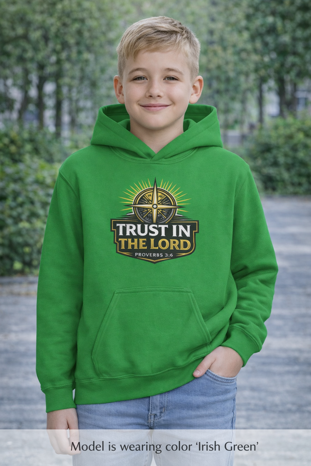 Youth Hoodie — "Trust in the Lord" Christian Compass Sweatshirt (Proverbs 3:5)