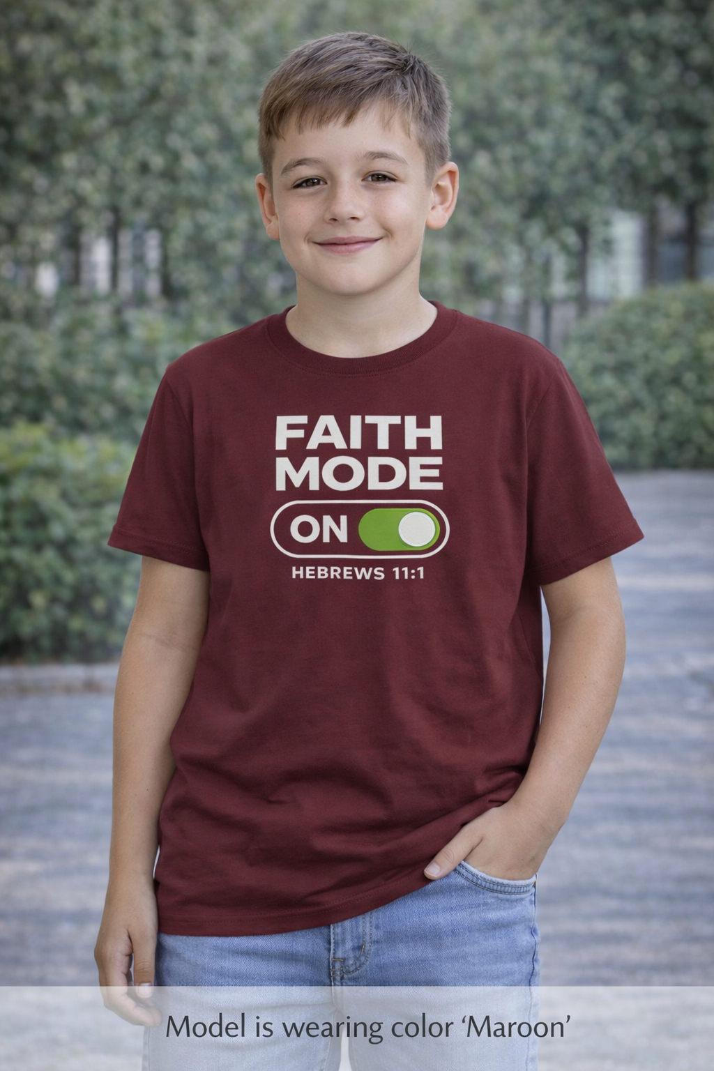 Youth Tee – "Faith Mode On" Christian Kids Shirt (Hebrews 11:1)