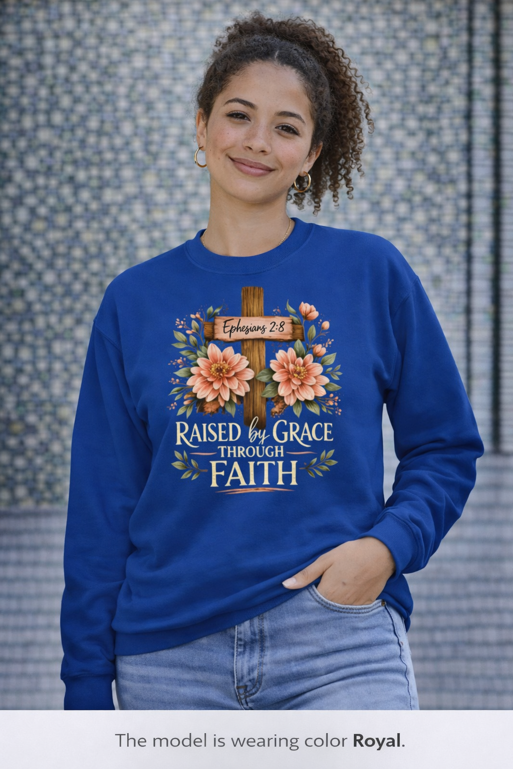 Faith Crewneck Sweatshirt — "Raised by Grace Through Faith" Floral Cross