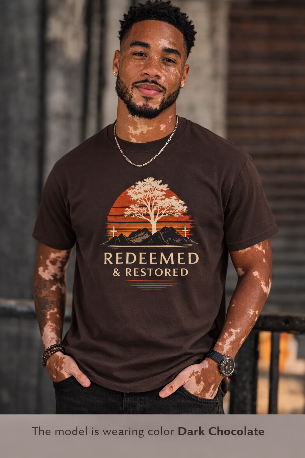 Redeemed & Restored Tee — Faith-Inspired Tree Sunset Graphic T-Shirt