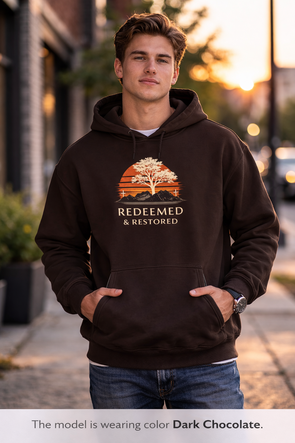 Redeemed & Restored Hoodie – Sunset Tree Faith Graphic Hooded Sweatshirt