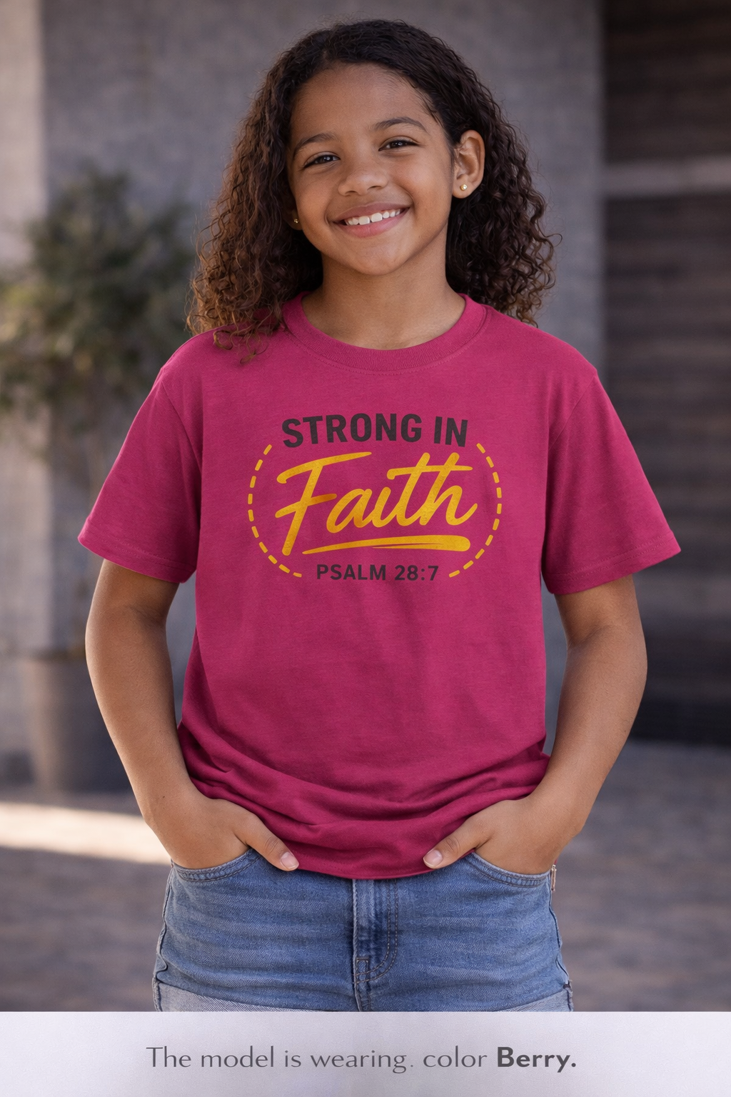 Youth Tee — "Strong in Faith" Psalm 28:7 Christian Kids T‑Shirt
