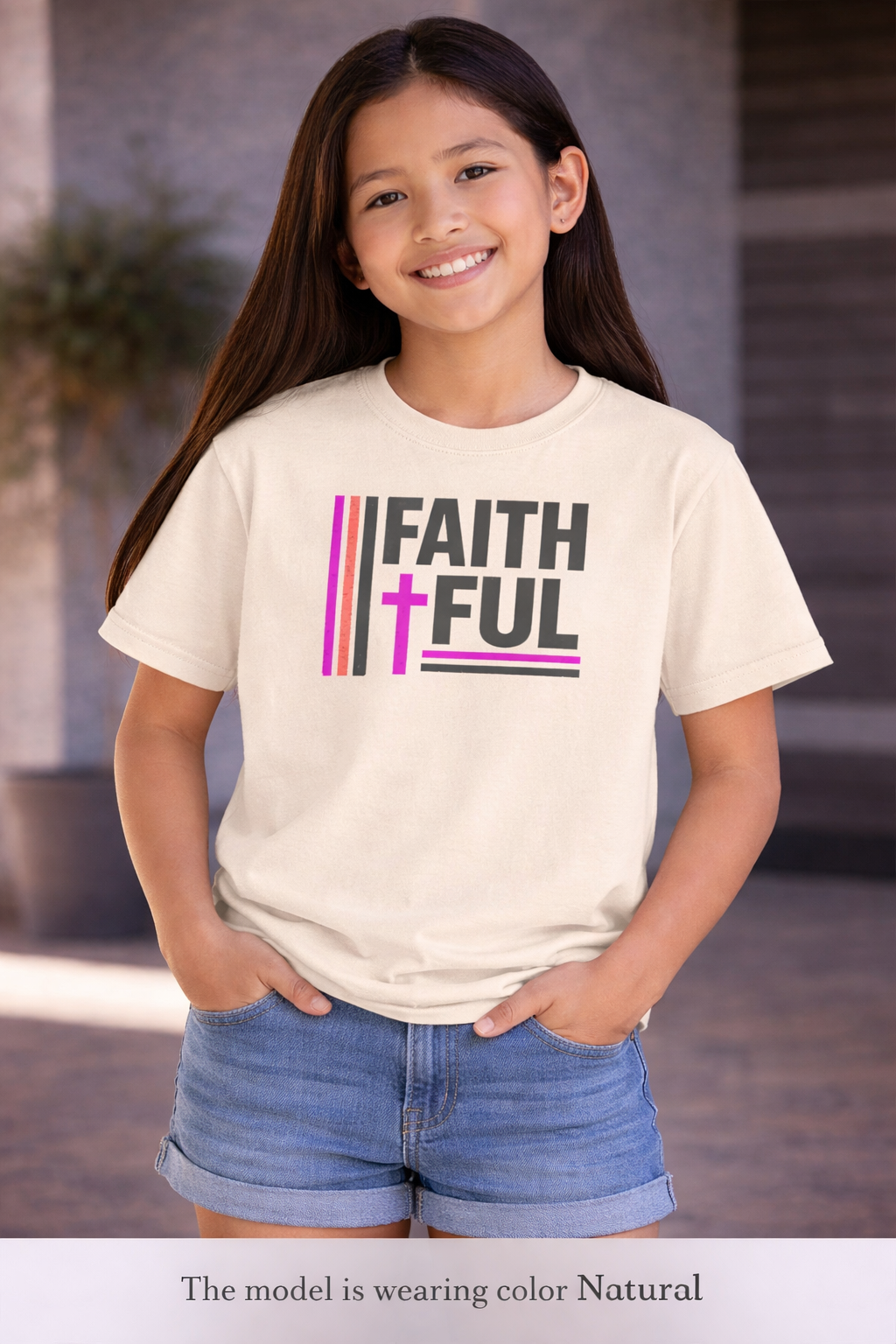 Girls Faithful Youth Tee — Kids Christian Cross T-Shirt (Pink & Black)