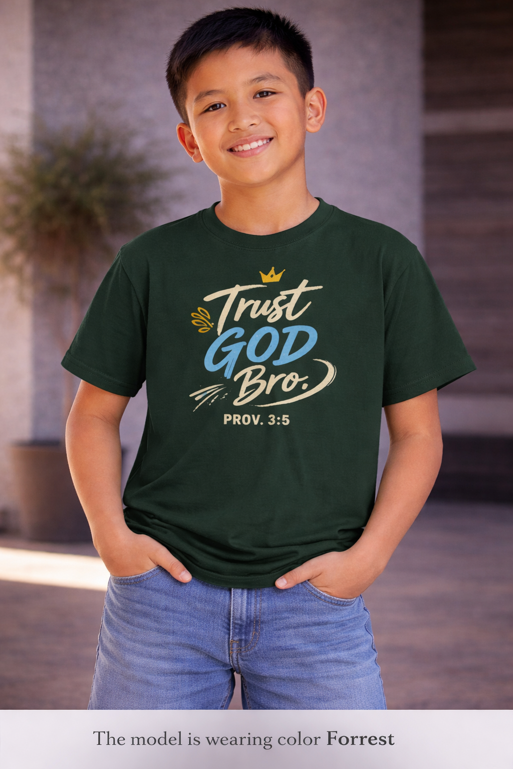 Boys Trust God Bro Youth Tee – Prov. 3:5 Faith Graphic Shirt