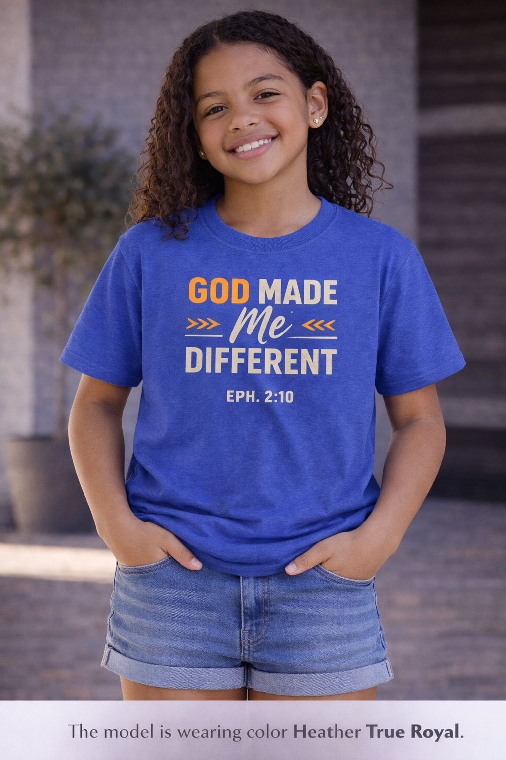 Girls Youth Tee – "God Made Me Different" Christian Kids T‑Shirt (Eph. 2:10)