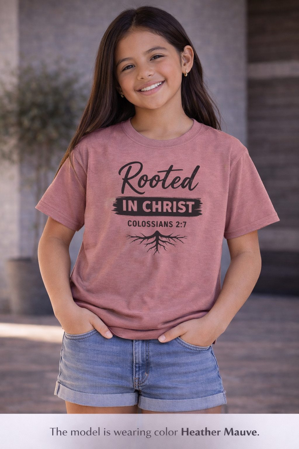 Girls Youth Tee - "Rooted in Christ" Colossians 2:7 Christian Kids Shirt