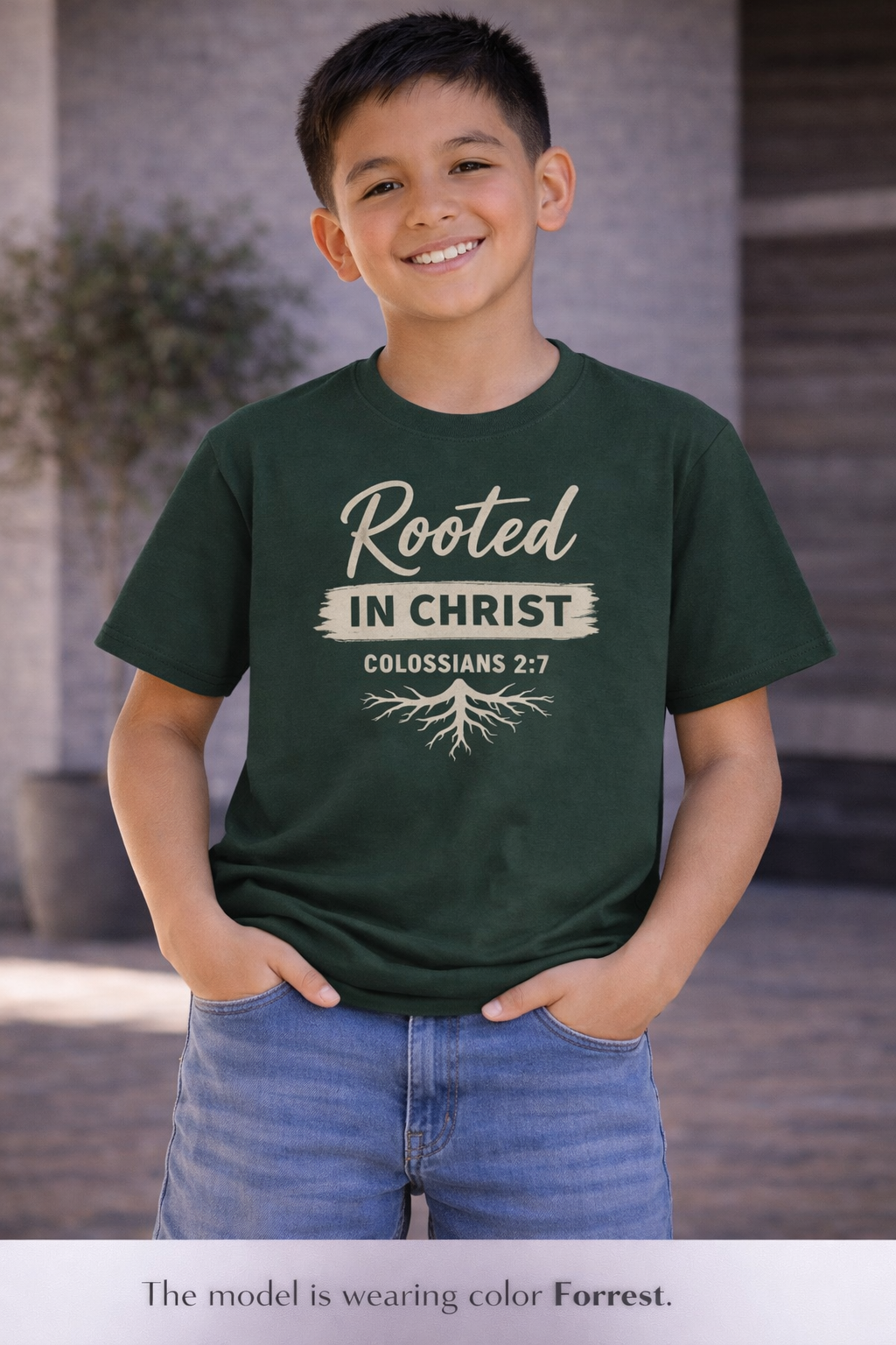 Boys Youth Tee - "Rooted in Christ" Colossians 2:7 Christian Kids Shirt