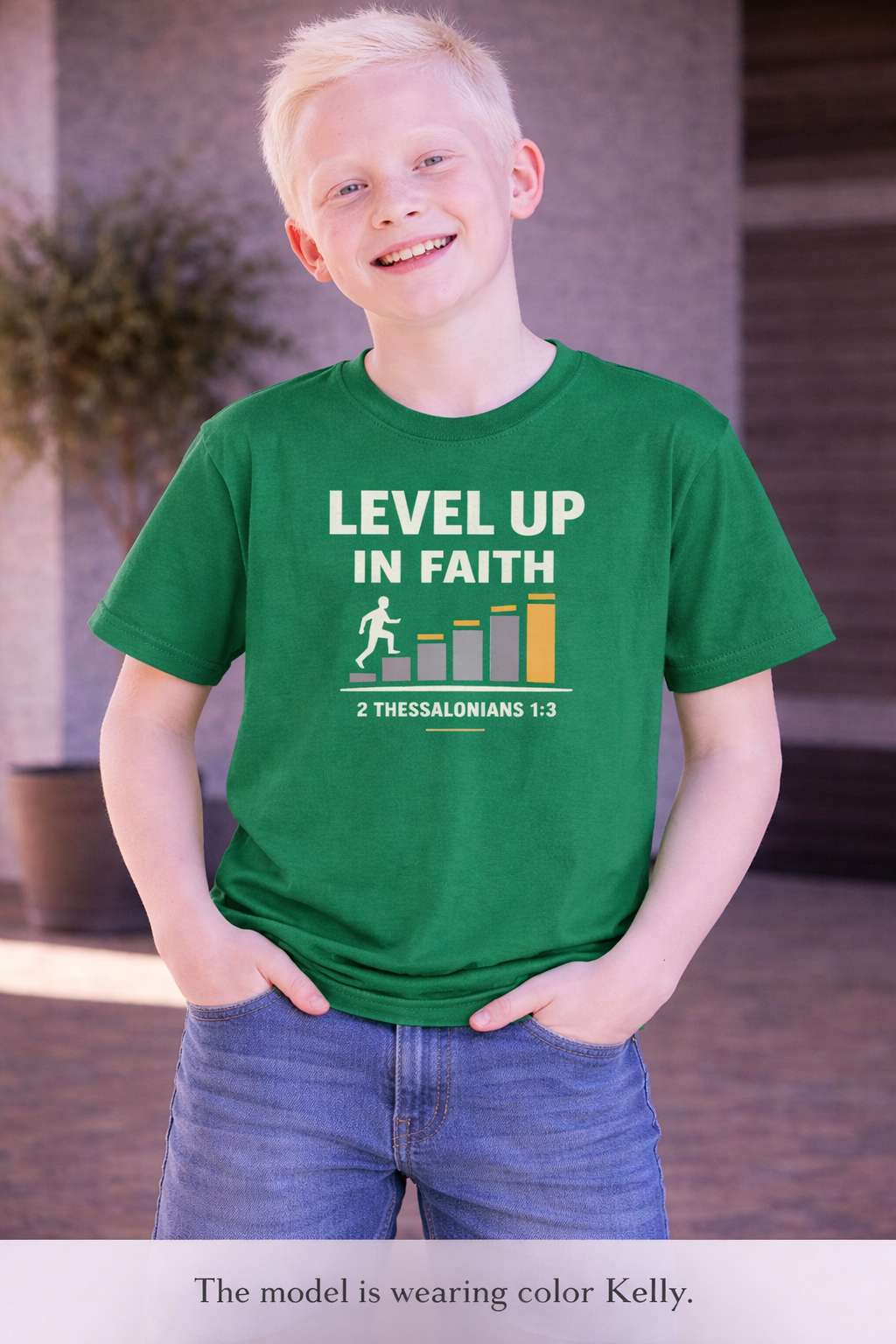 Boys Youth Tee - "Level Up in Faith" Christian Kids T-Shirt (2 Thessalonians 1:3)