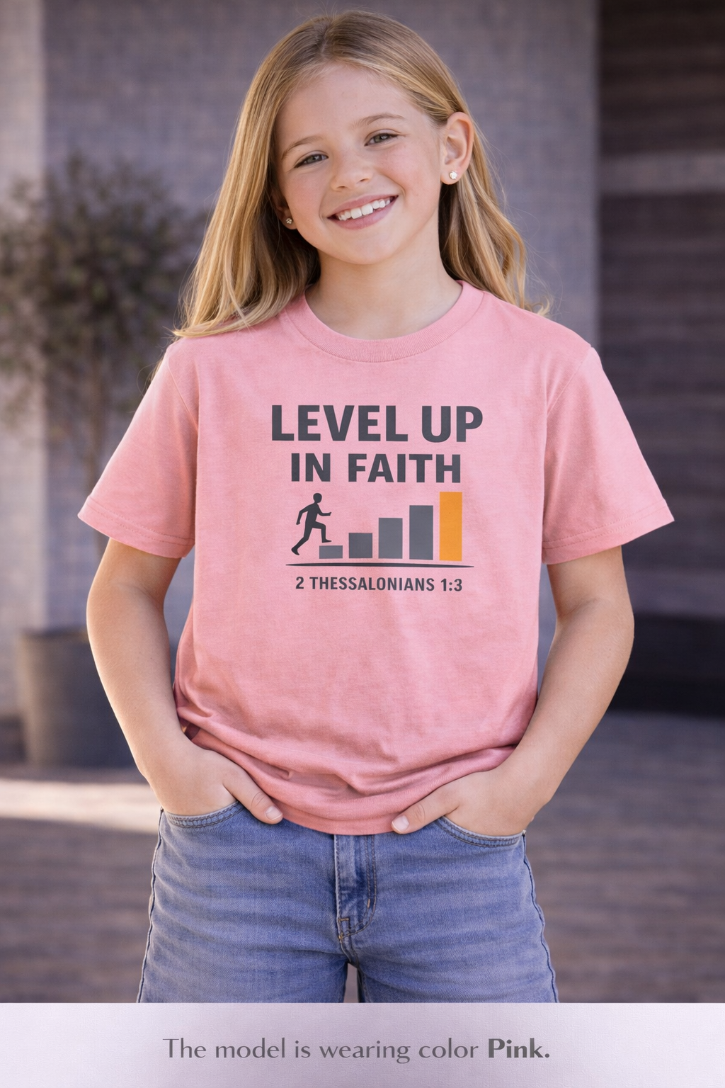 Girls Youth Tee - "Level Up in Faith" Christian Kids T-Shirt (2 Thessalonians 1:3)