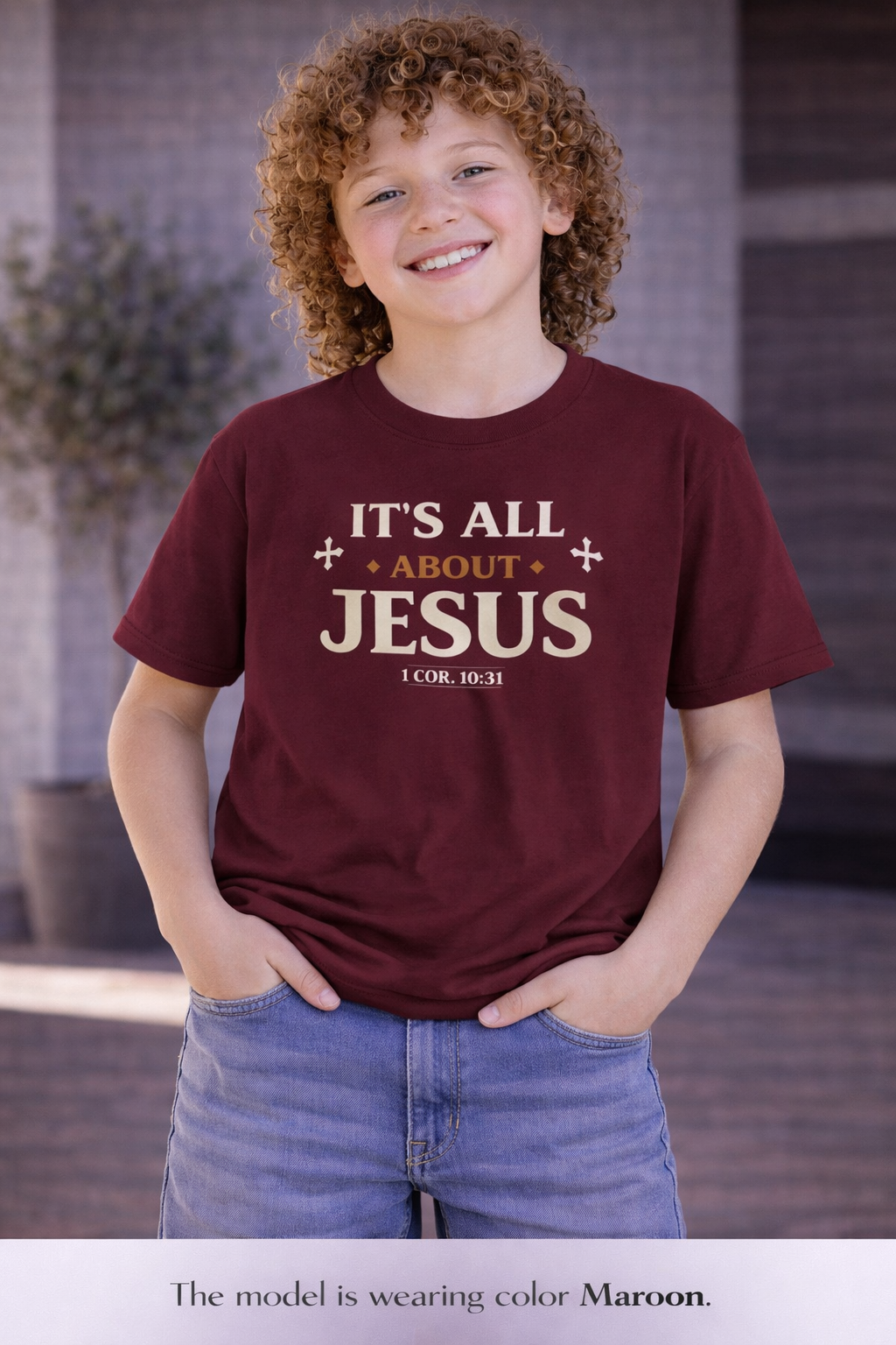 Boys Youth Tee - "It's All About Jesus" Christian Kids Shirt (1 Cor. 10:31)