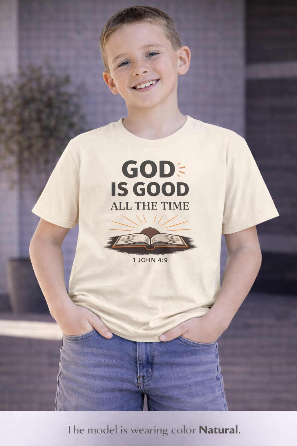 Boys Youth T-Shirt — "God Is Good All The Time" Bible Verse Tee (1 John 4:9)