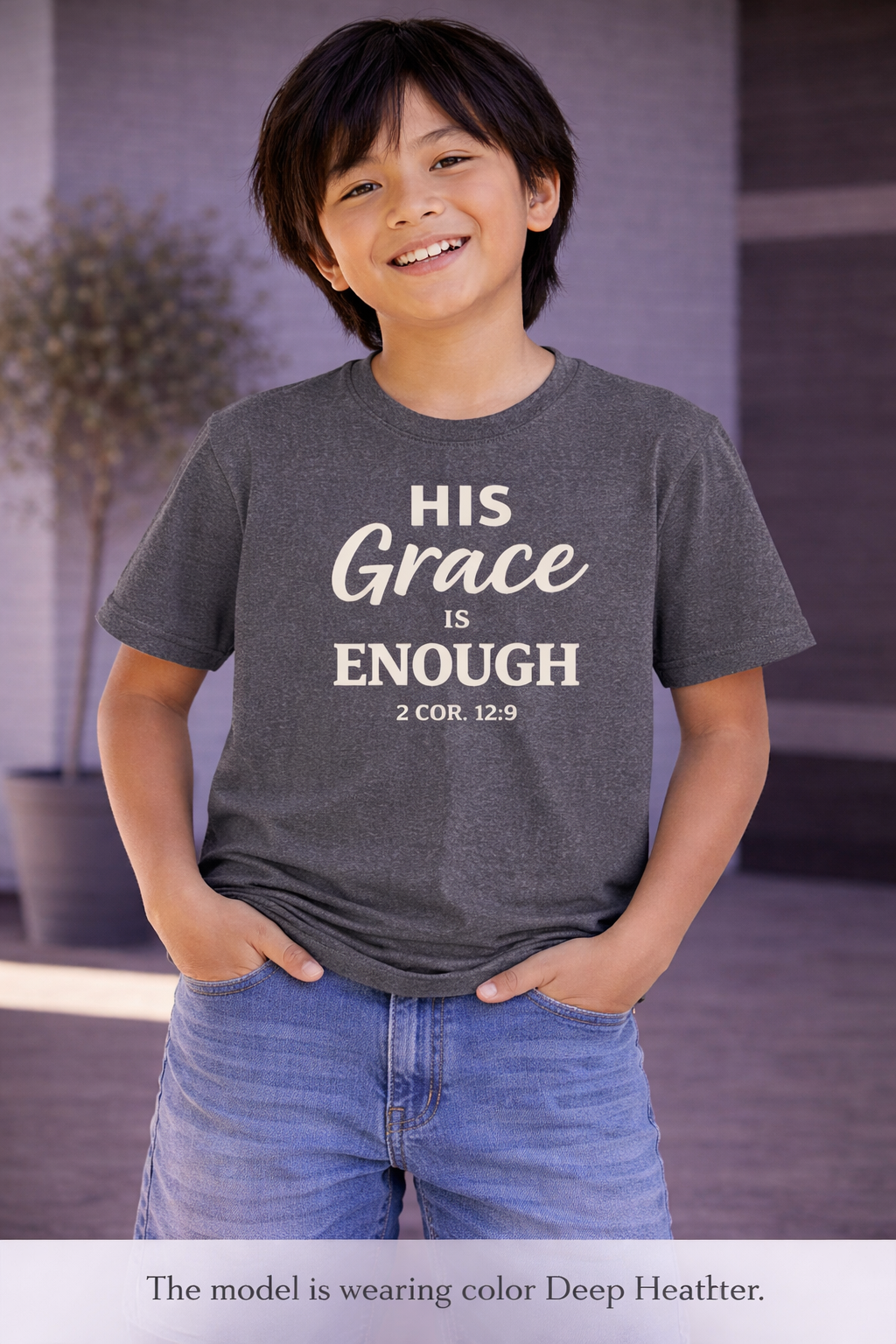Boys Youth Tee — "His Grace Is Enough" Christian Faith Shirt (2 Cor. 12:9)