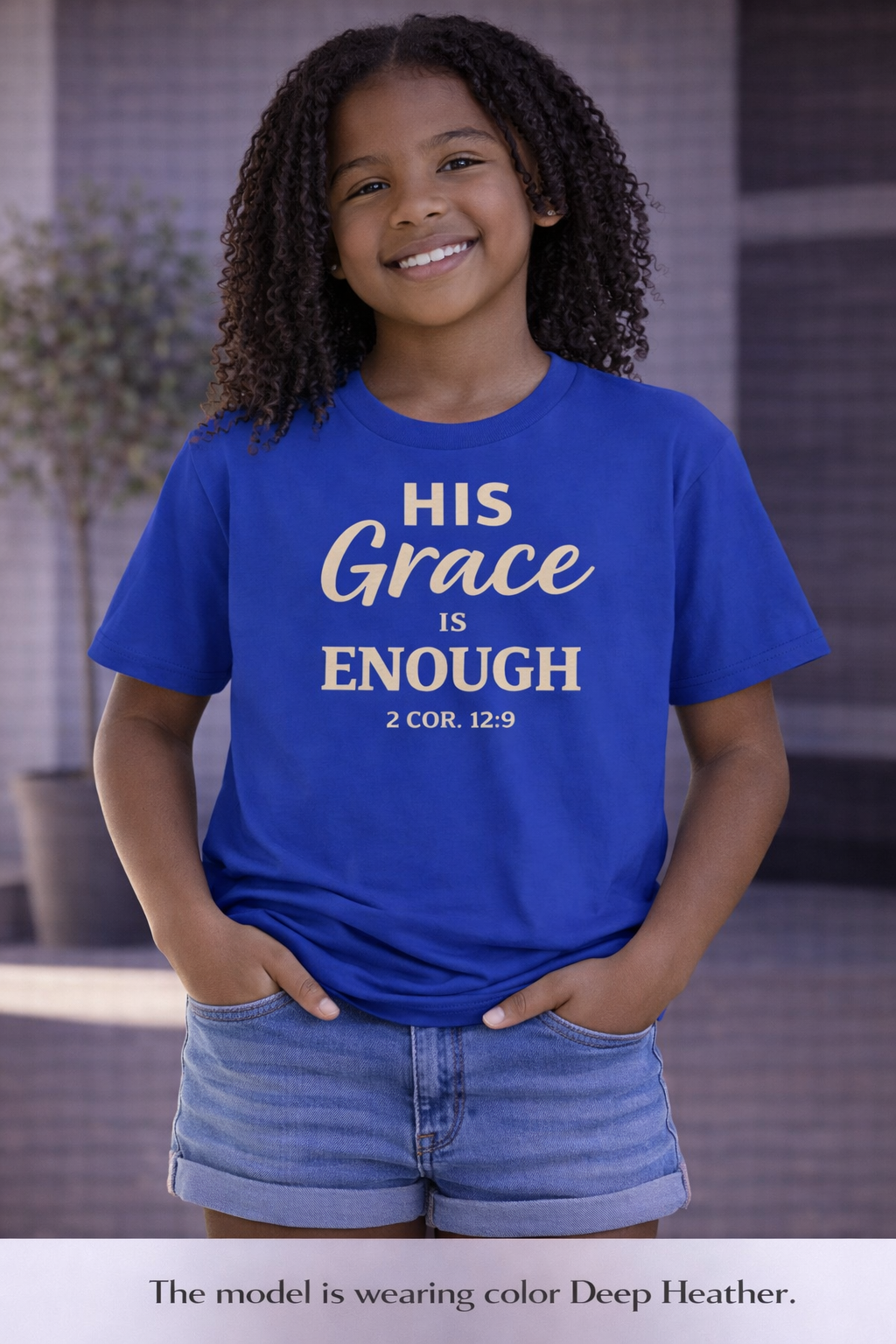 Girls Youth Tee — "His Grace Is Enough" Christian Faith Shirt (2 Cor. 12:9)