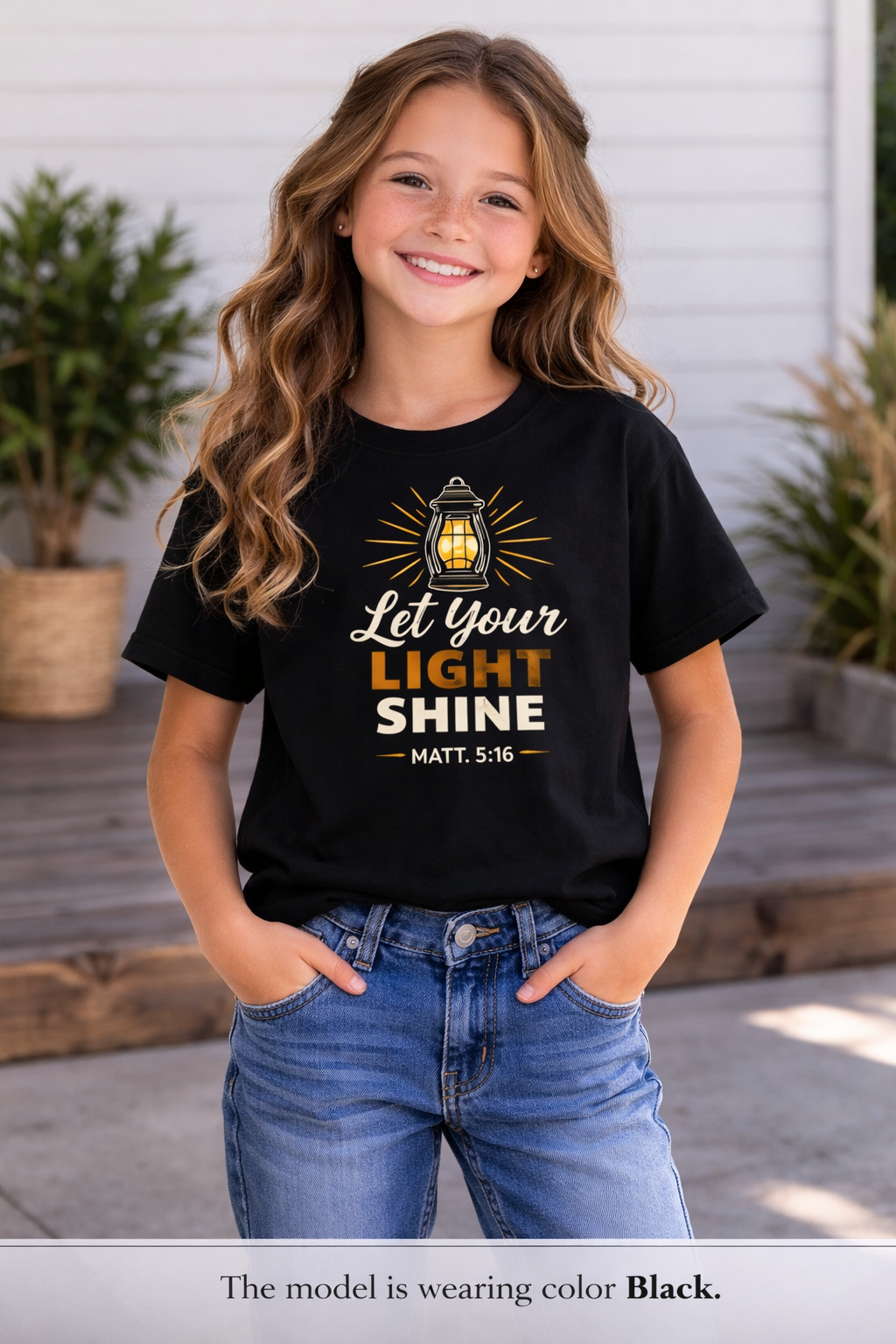 Girls Youth Tee — "Let Your Light Shine" Christian Lantern Shirt (Matt. 5:16)