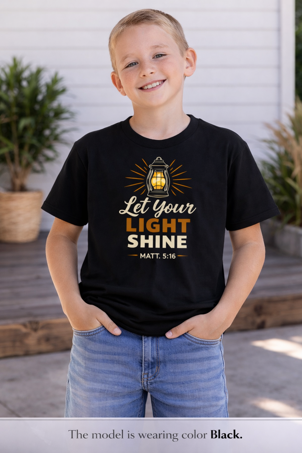 Boys Youth Tee — "Let Your Light Shine" Christian Lantern Shirt (Matt. 5:16)