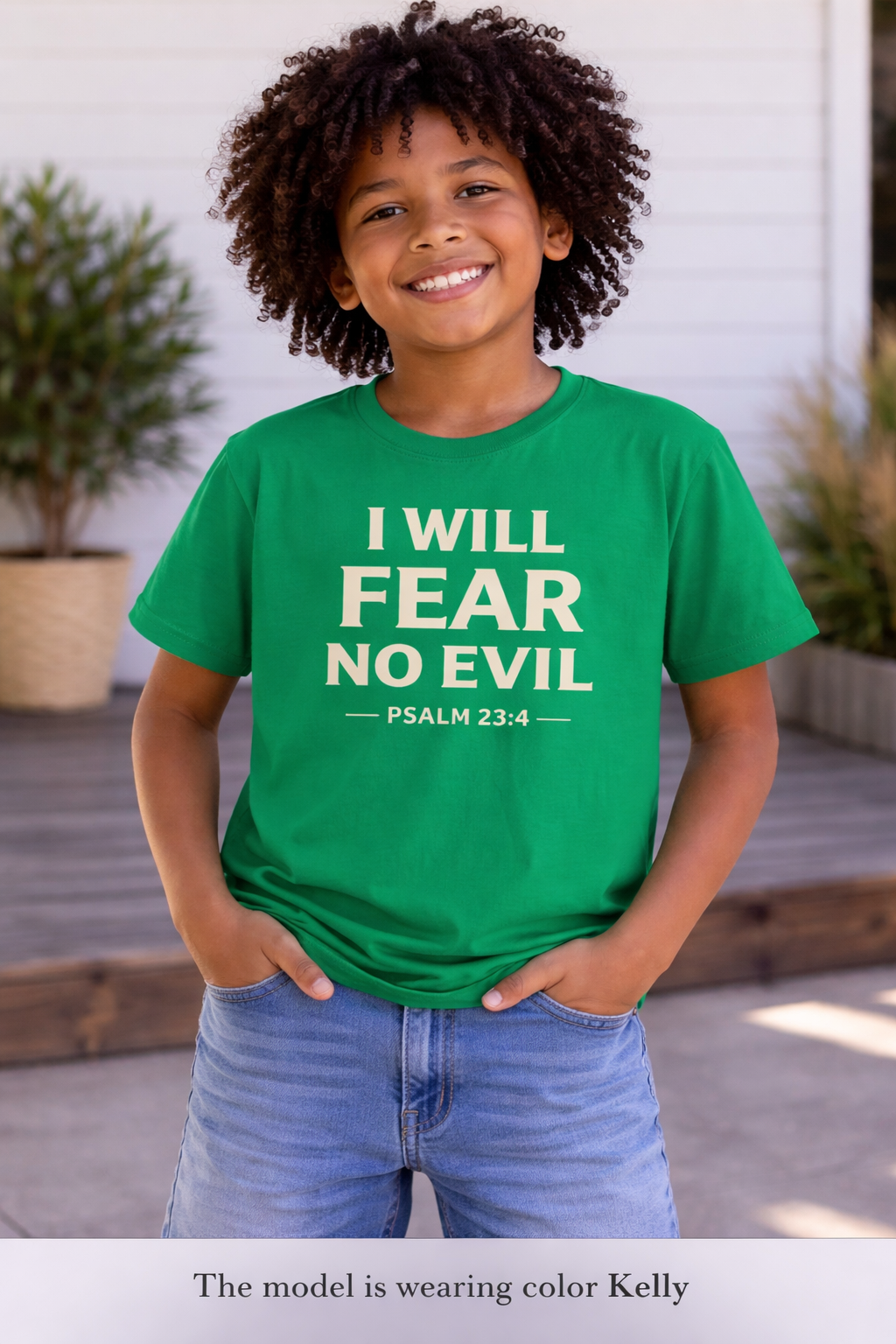 Boys Youth Tee – “I Will Fear No Evil” Psalm 23:4 Christian Faith Shirt
