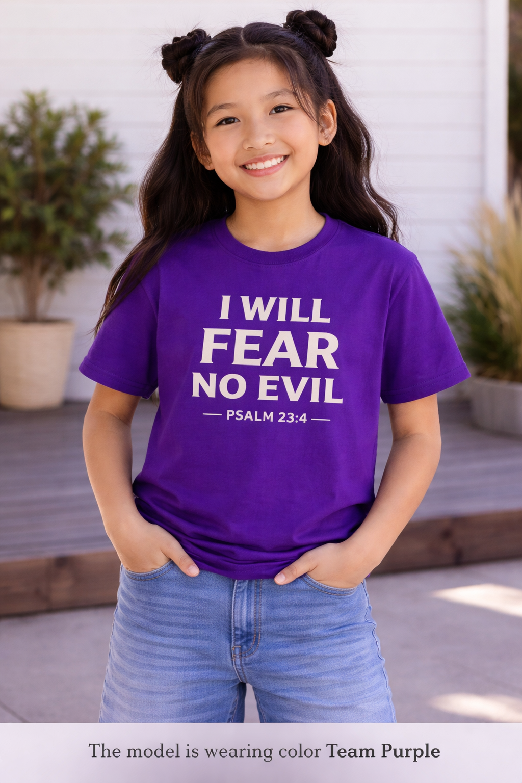 Girls Youth Tee – “I Will Fear No Evil” Psalm 23:4 Christian Faith Shirt