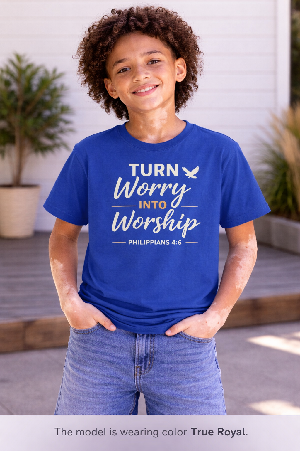 Boys Youth Tee - "Turn Worry Into Worship" Philippians 4:6 Christian Kids Shirt