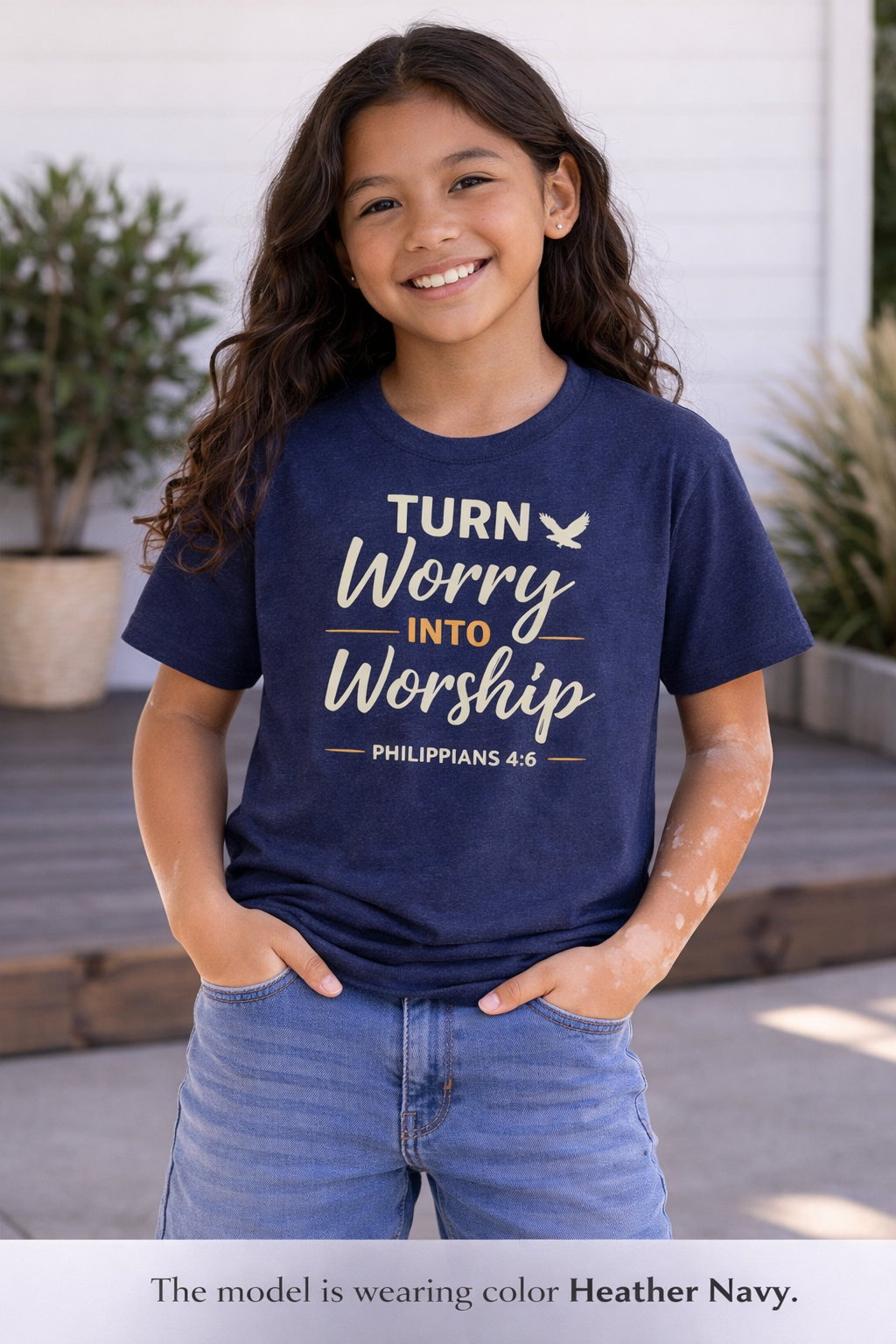 Girls Youth Tee - "Turn Worry Into Worship" Philippians 4:6 Christian Kids Shirt