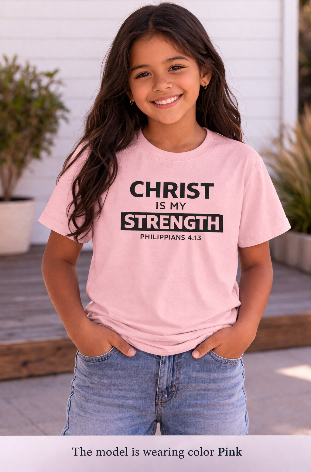 Girls Youth Tee - "Christ Is My Strength" Philippians 4:13 Christian Kids Shirt