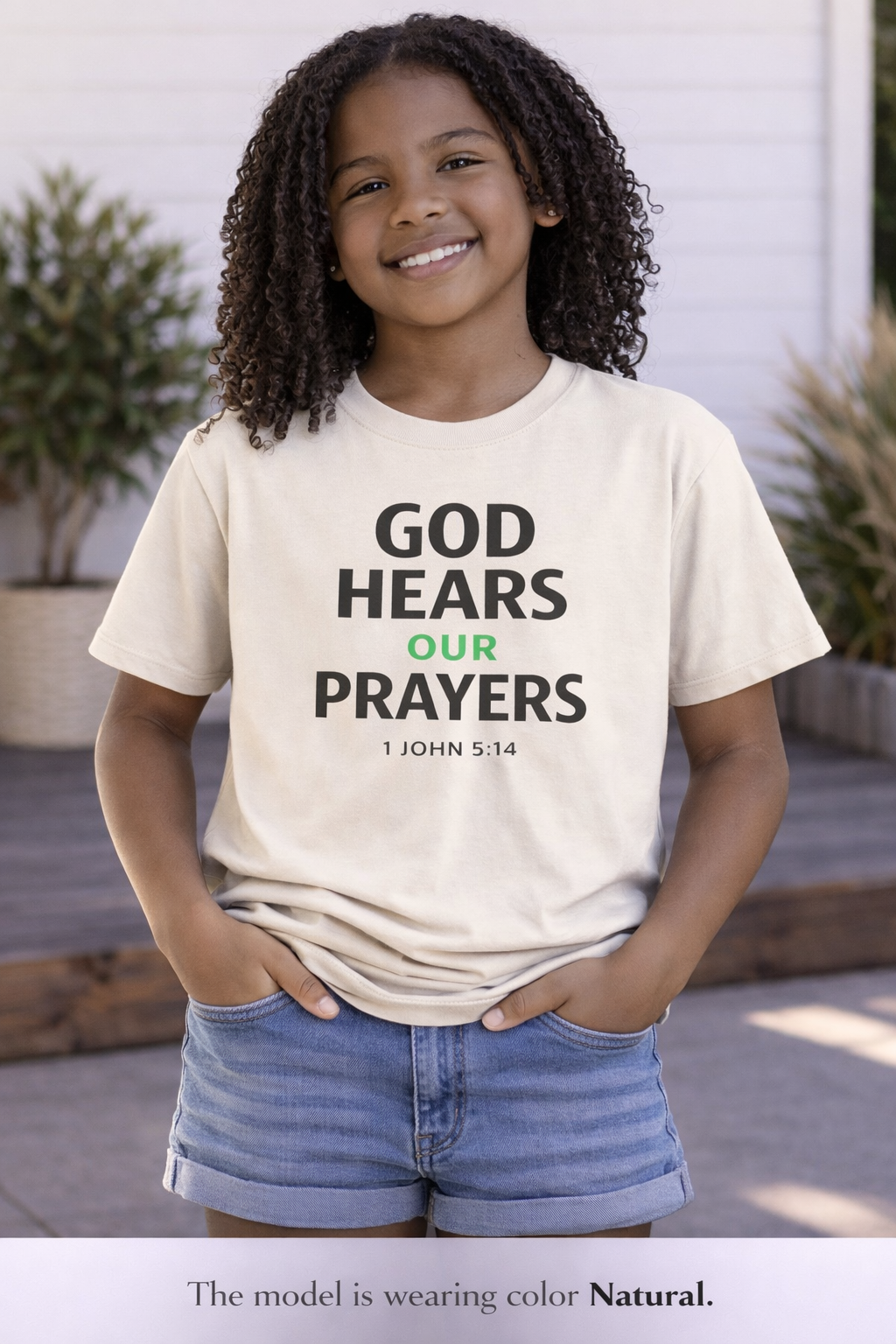 Girls Youth Tee – "God Hears Our Prayers" Christian Faith Shirt (1 John 5:14)