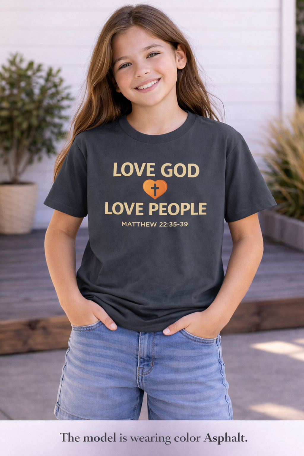 Girls Youth Tee — "Love God Love People" Bible Verse Matthew 22:37-39 Christian Kids Shirt