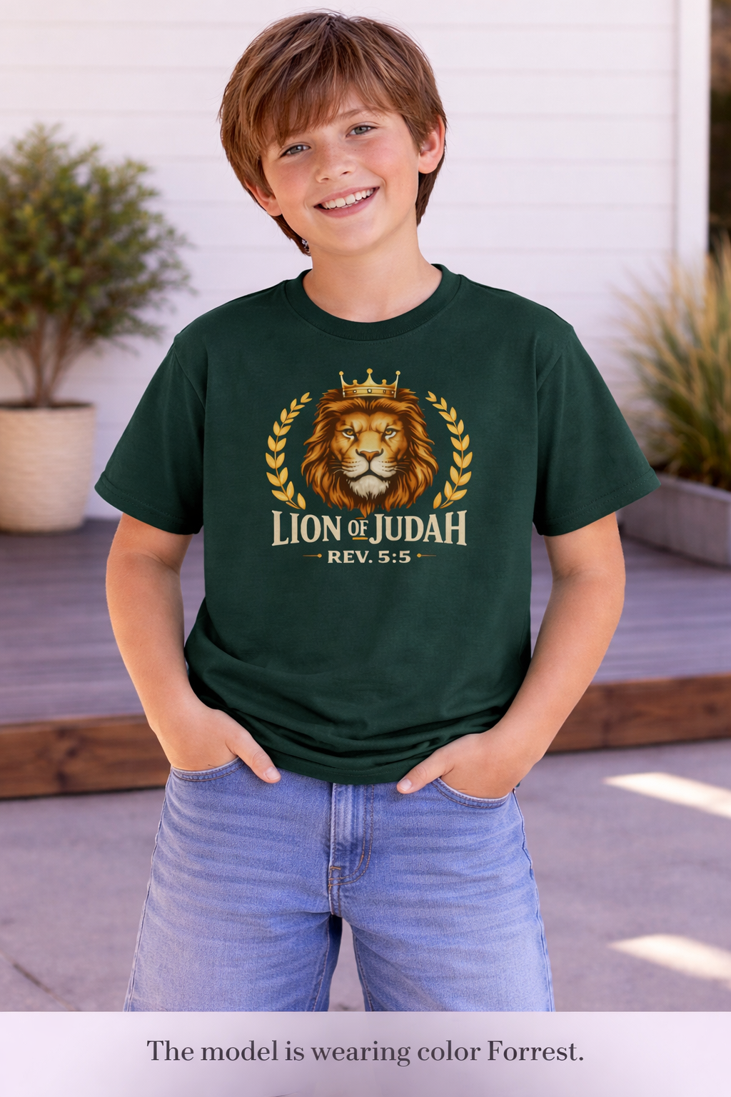 Boys Youth T-Shirt — 'Lion of Judah' Crowned Lion Biblical Tee (Rev. 5:5)