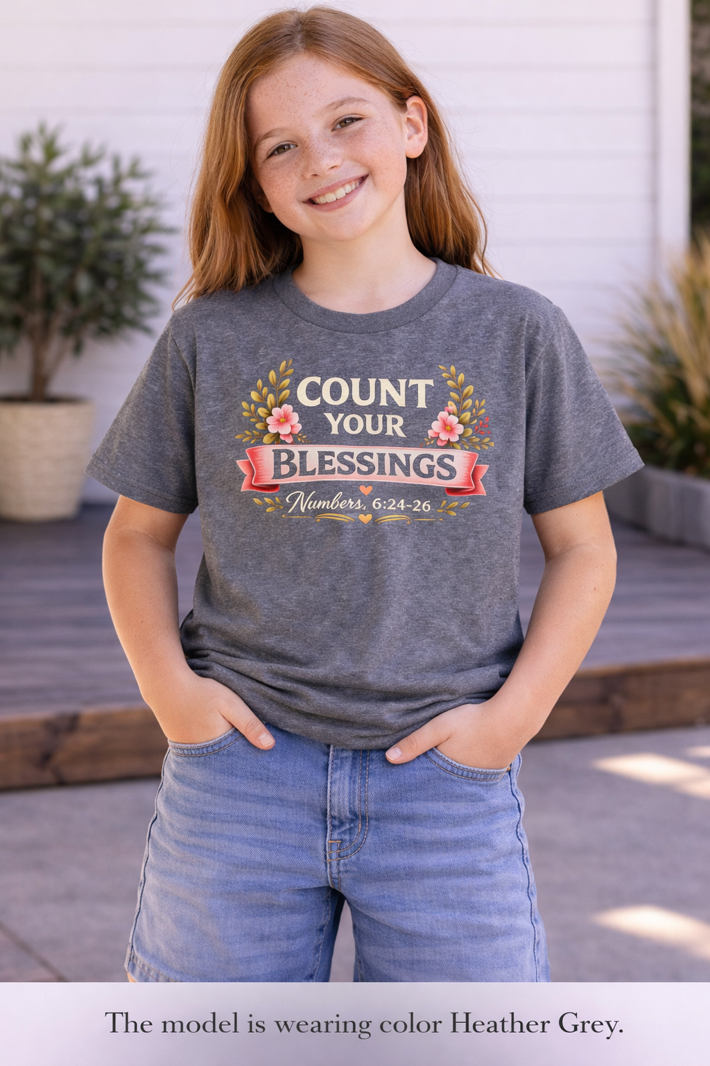 Girls Youth Tee - "Count Your Blessings" Floral Scripture Kids Shirt (Numbers 6:24-26)