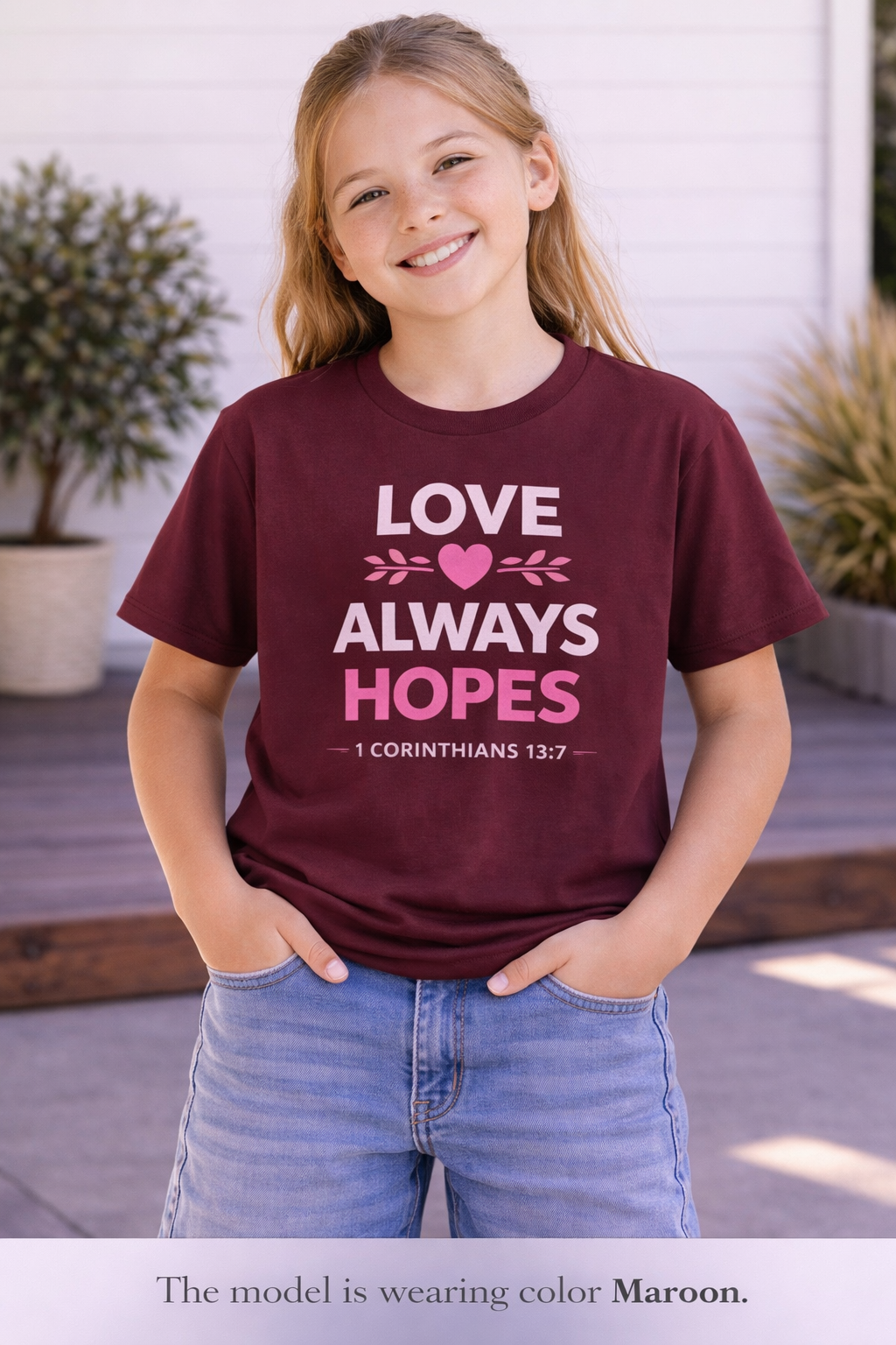 Girls Youth Tee - "Love Always Hopes" 1 Corinthians 13:7 Christian Kids Shirt