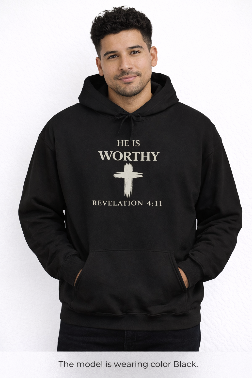 Mens Worthy Cross Hoodie — "He Is Worthy" Revelation 4:11 Christian Pullover
