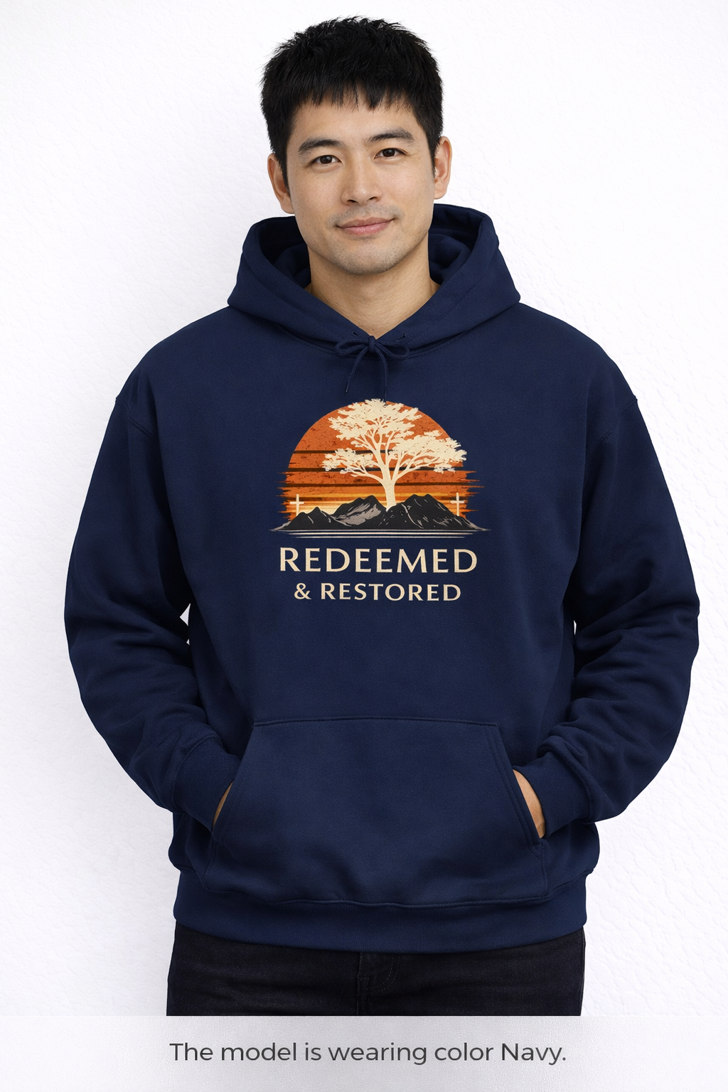 Mens Redeemed & Restored Hoodie — Inspirational Christian Tree Sunset Pullover