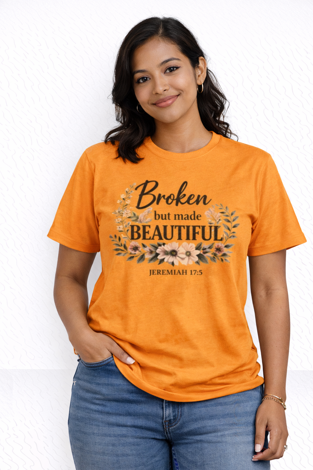 Womens Broken But Made Beautiful T-Shirt — Jeremiah 17:5 Floral Christian Tee