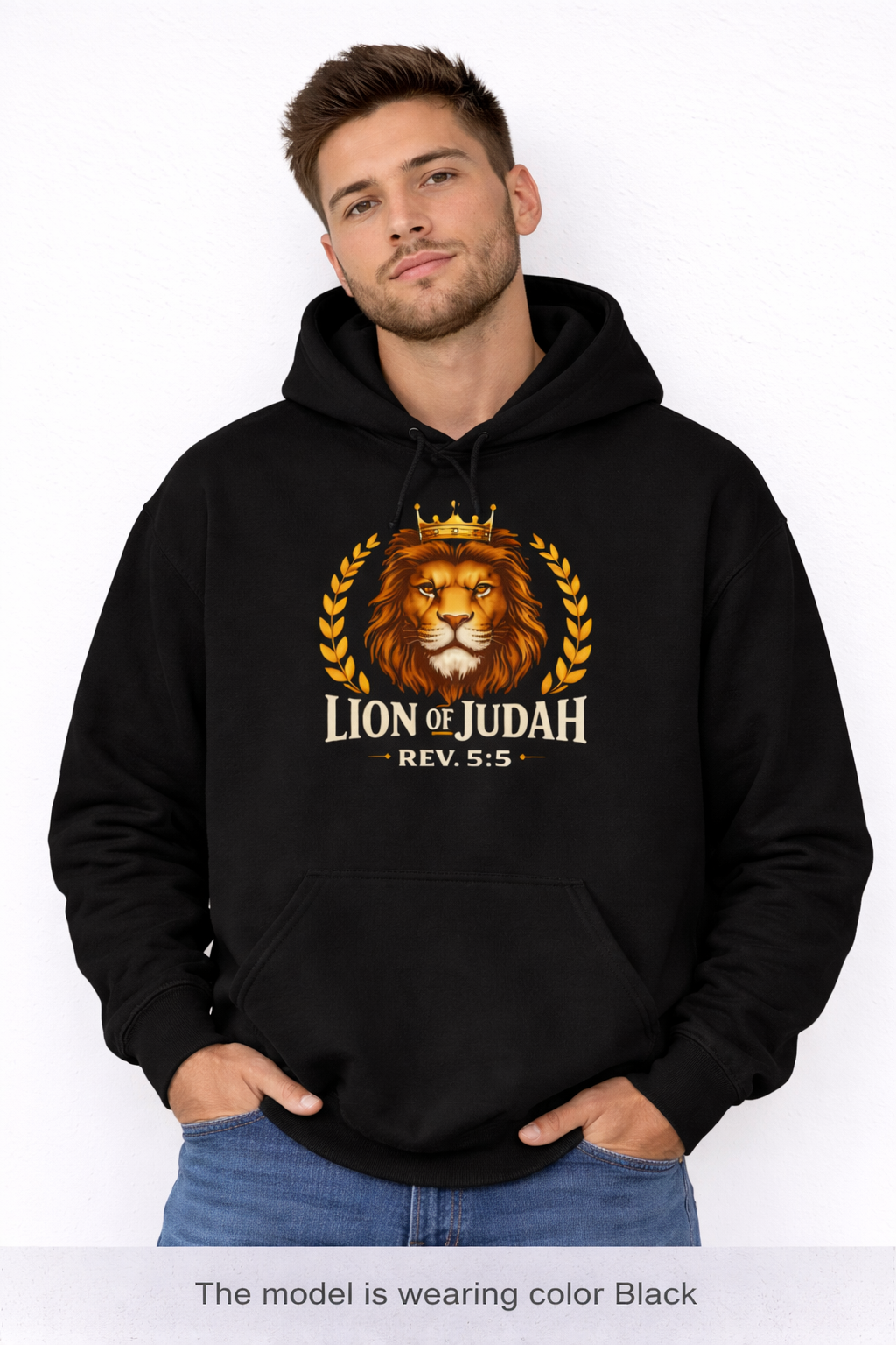 Mens Lion of Judah Hoodie – Crowned Lion Graphic with “Lion of Judah Rev. 5:5” Christian Faith Pullover