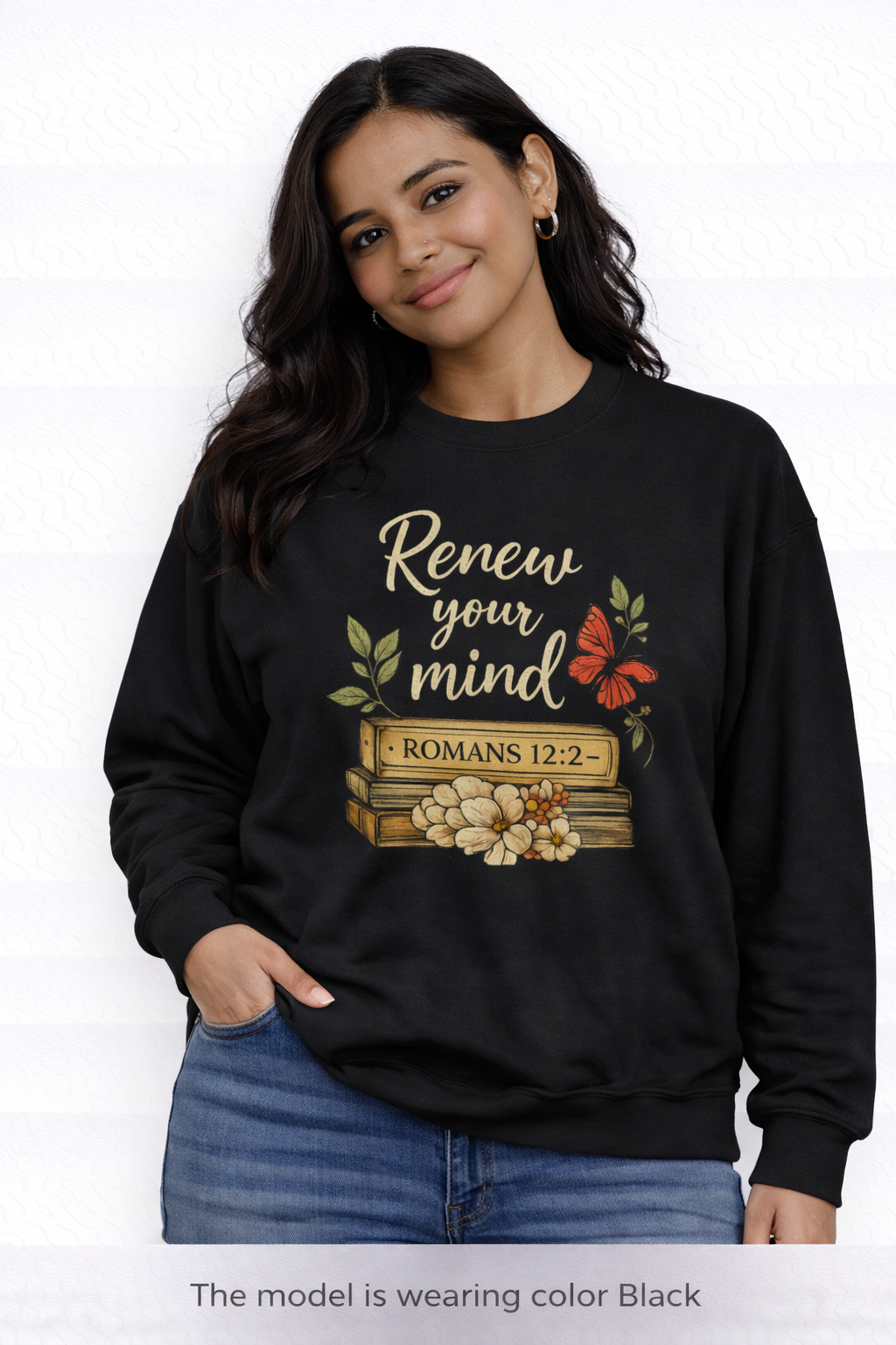 Womens Crewneck Sweatshirt - "Renew Your Mind" Romans 12:2 Floral Christian Pullover