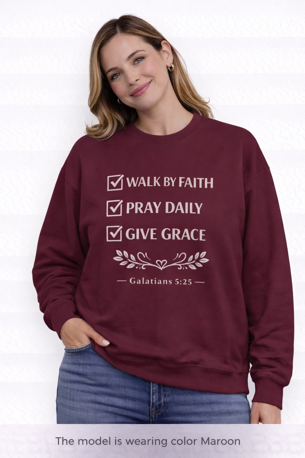 Women Faith Checklist Crewneck Sweatshirt — "Walk by Faith, Pray Daily, Give Grace"