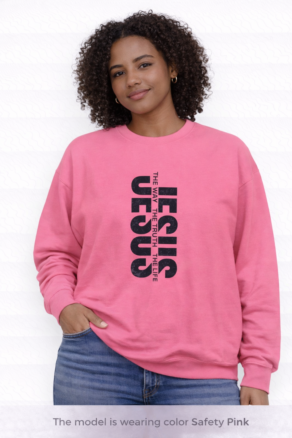 Womens Jesus Vertical Text Crewneck Sweatshirt — The Lamb Is Alive Christian Pullover
