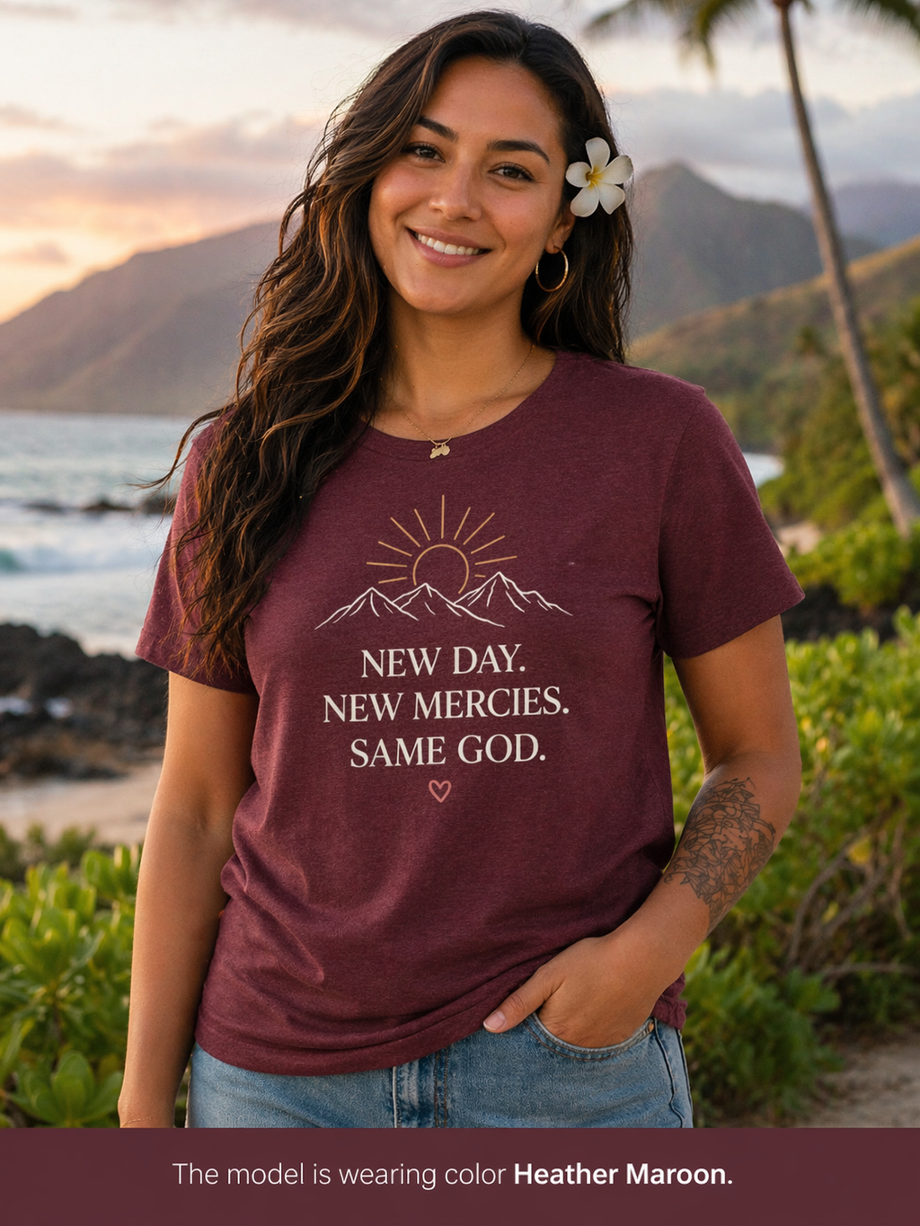 New Day. New Mercies. Same God." Sunrise Mountain Christian Tee