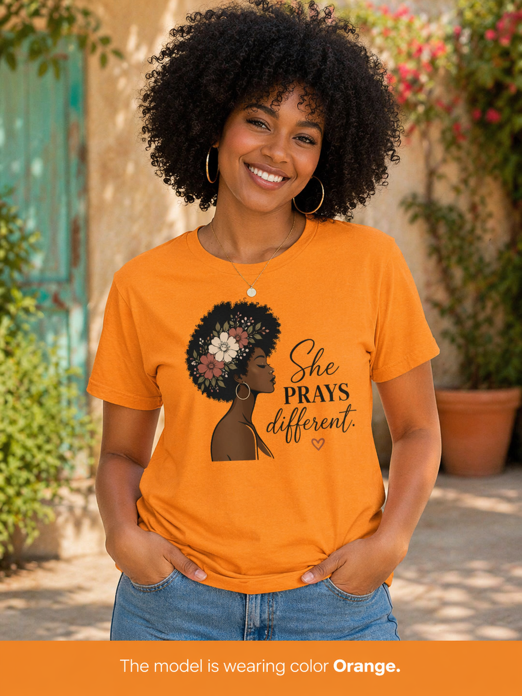 She Prays Different T-Shirt — Floral Afro Woman Inspirational Christian Tee