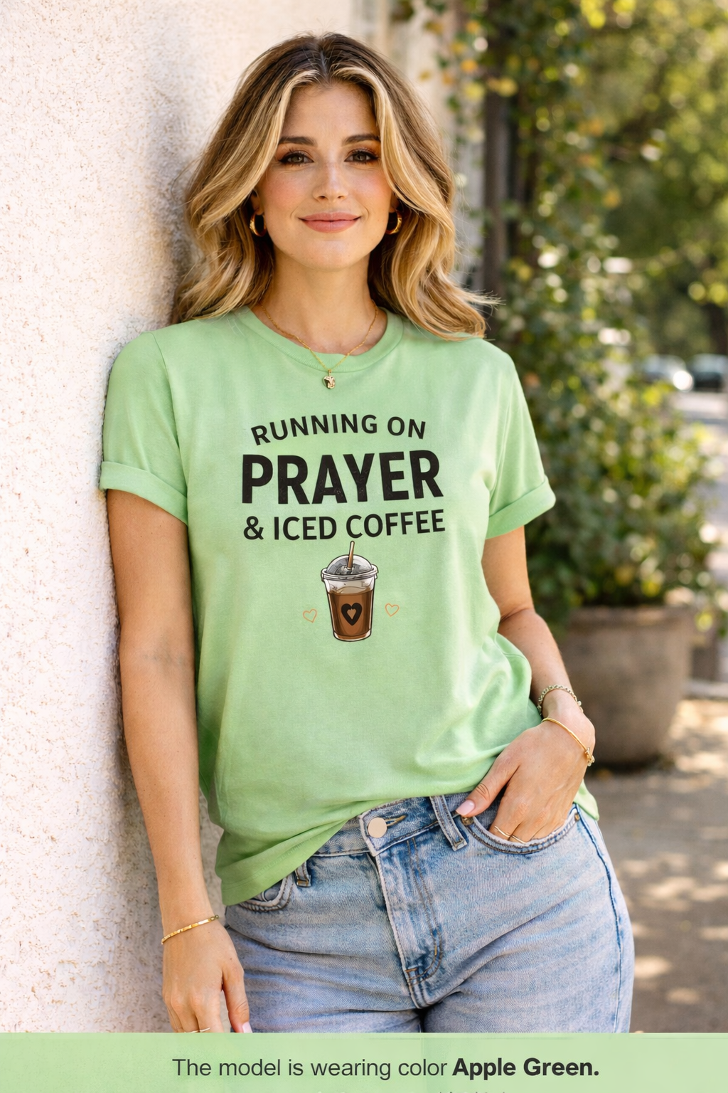 Prayer & Iced Coffee T-Shirt — "Running on Prayer & Iced Coffee" Christian Coffee Tee