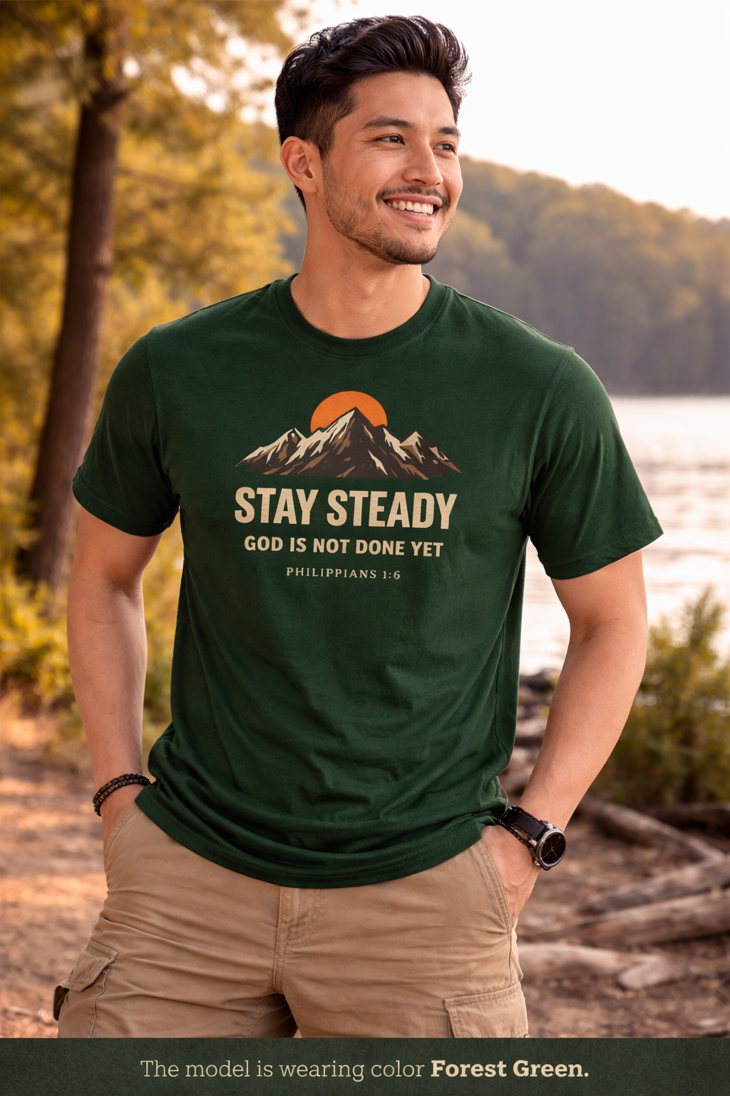 Stay Steady Mountain Tee – "Stay Steady, God Is Not Done Yet" Inspirational Christian T-Shirt