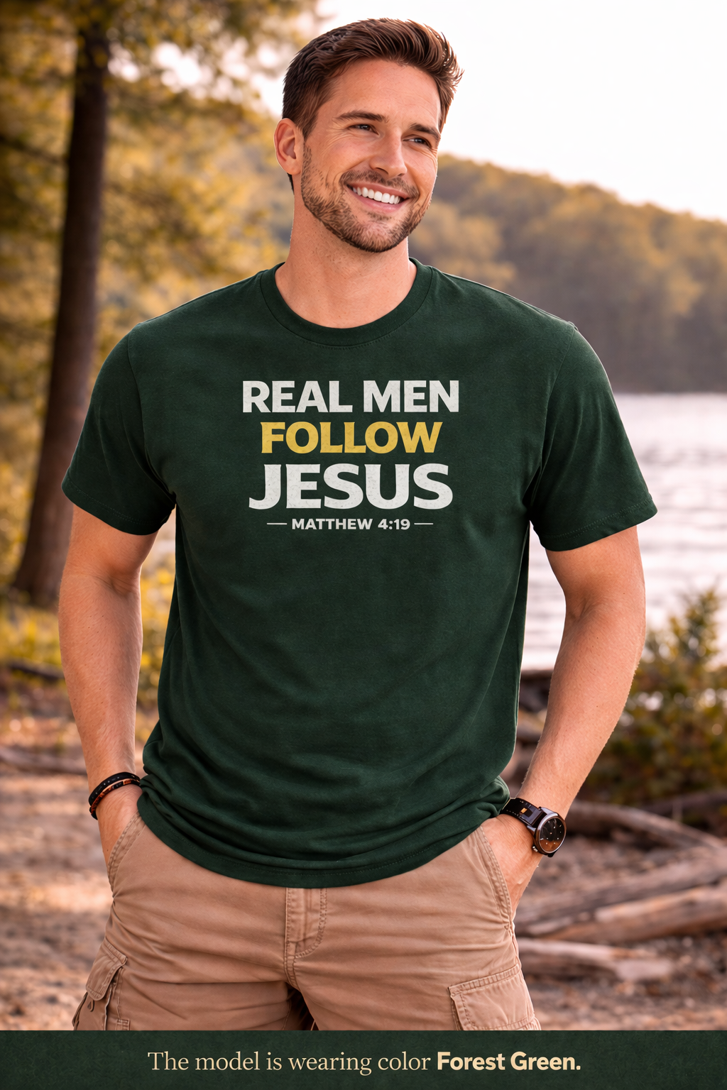 Real Men Follow Jesus Cotton Tee — Matthew 4:19 Christian Faith T-Shirt