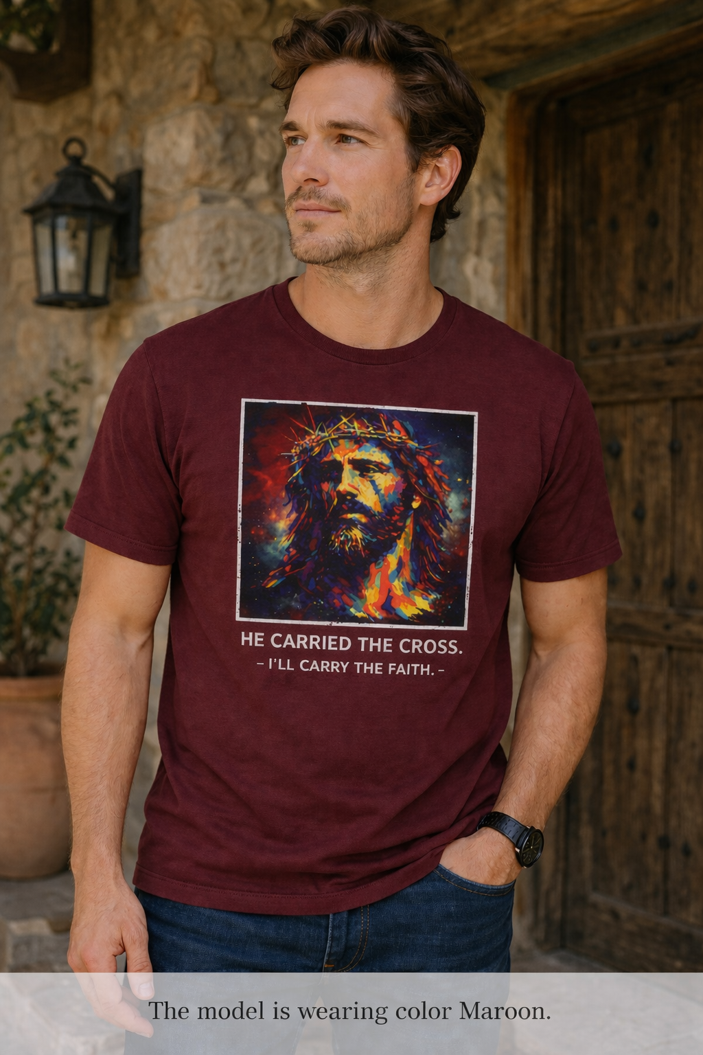 Mens 'He Carried the Cross, I'll Carry the Faith' Graphic Tee