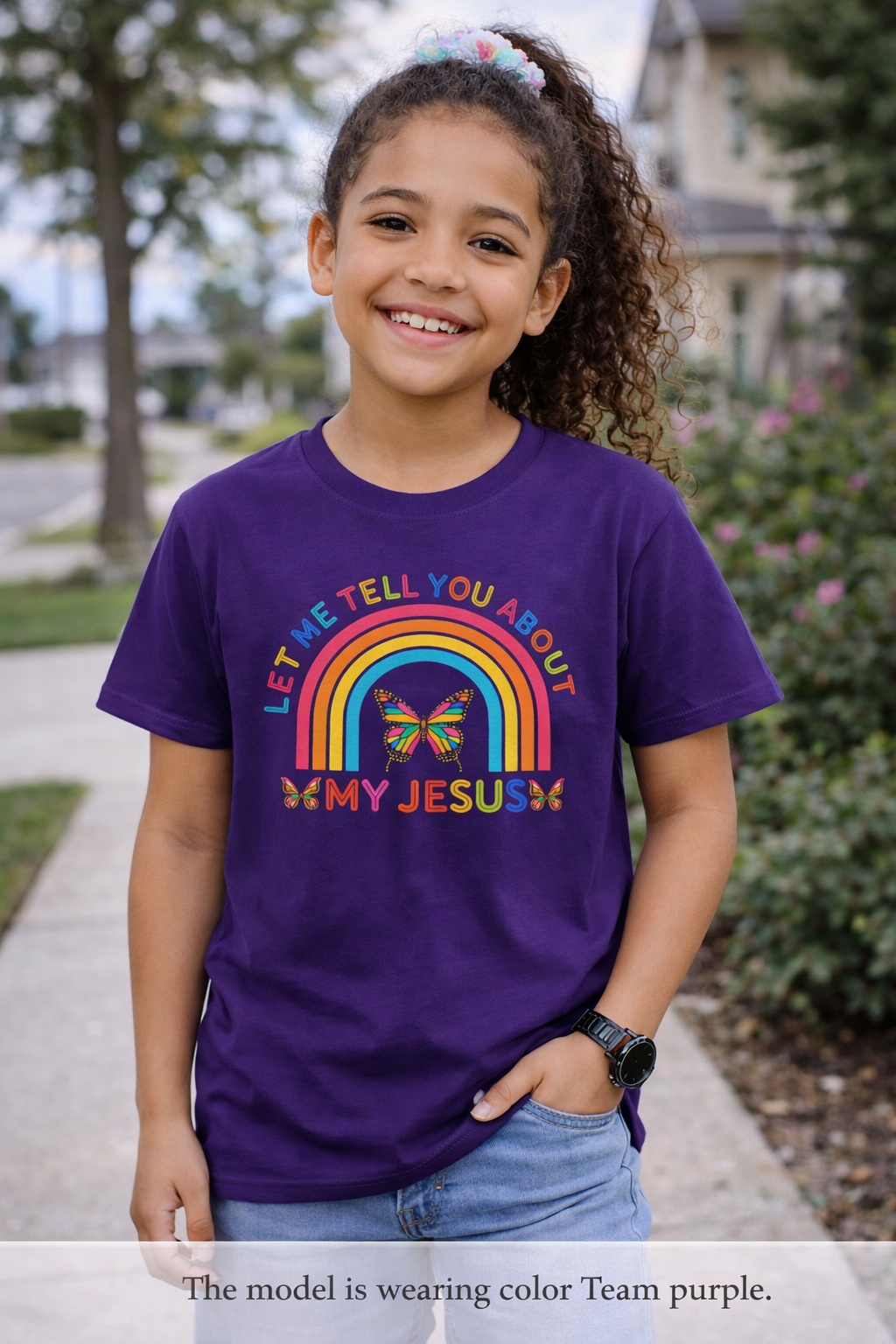 Girls Tee "Let Me Tell You About My Jesus" Rainbow Butterfly Christian Shirt