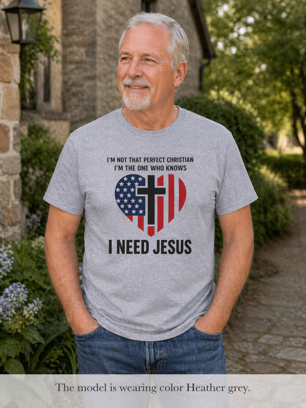 Mens Patriotic Heart Cross Tee  “I Need Jesus” Christian Flag T-Shirt
