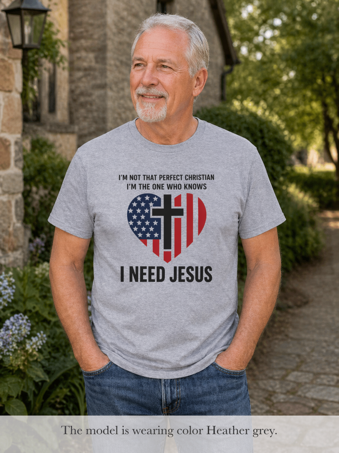 Mens Patriotic Heart Cross Tee  “I Need Jesus” Christian Flag T-Shirt